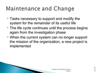  Tasks necessary to support and modify the
system for the remainder of its useful life
 The life cycle continues until the process begins
again from the investigation phase
 When the current system can no longer support
the mission of the organization, a new project is
implemented
Principles of Information Security -
Chapter 1
Sli
de
32
 