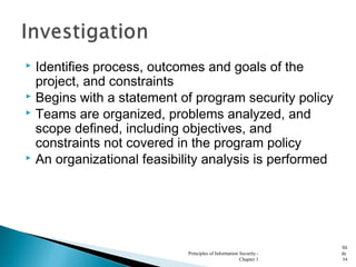  Identifies process, outcomes and goals of the
project, and constraints
 Begins with a statement of program security policy
 Teams are organized, problems analyzed, and
scope defined, including objectives, and
constraints not covered in the program policy
 An organizational feasibility analysis is performed
Principles of Information Security -
Chapter 1
Sli
de
34
 