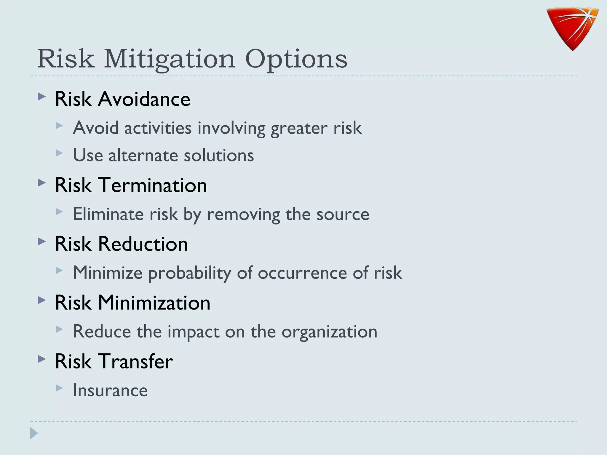 Risk Mitigation Options
 Risk Avoidance
 Avoid activities involving greater risk
 Use alternate solutions
 Risk Termination
 Eliminate risk by removing the source
 Risk Reduction
 Minimize probability of occurrence of risk
 Risk Minimization
 Reduce the impact on the organization
 Risk Transfer
 Insurance
 