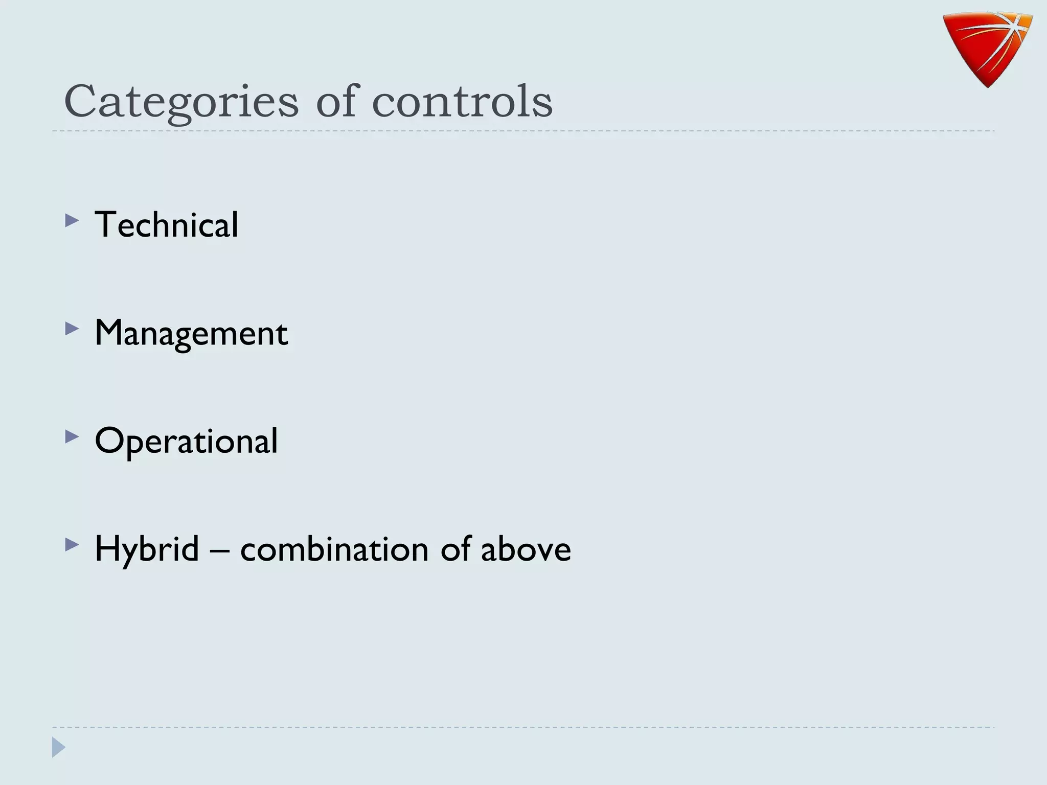 Categories of controls
 Technical
 Management
 Operational
 Hybrid – combination of above
 