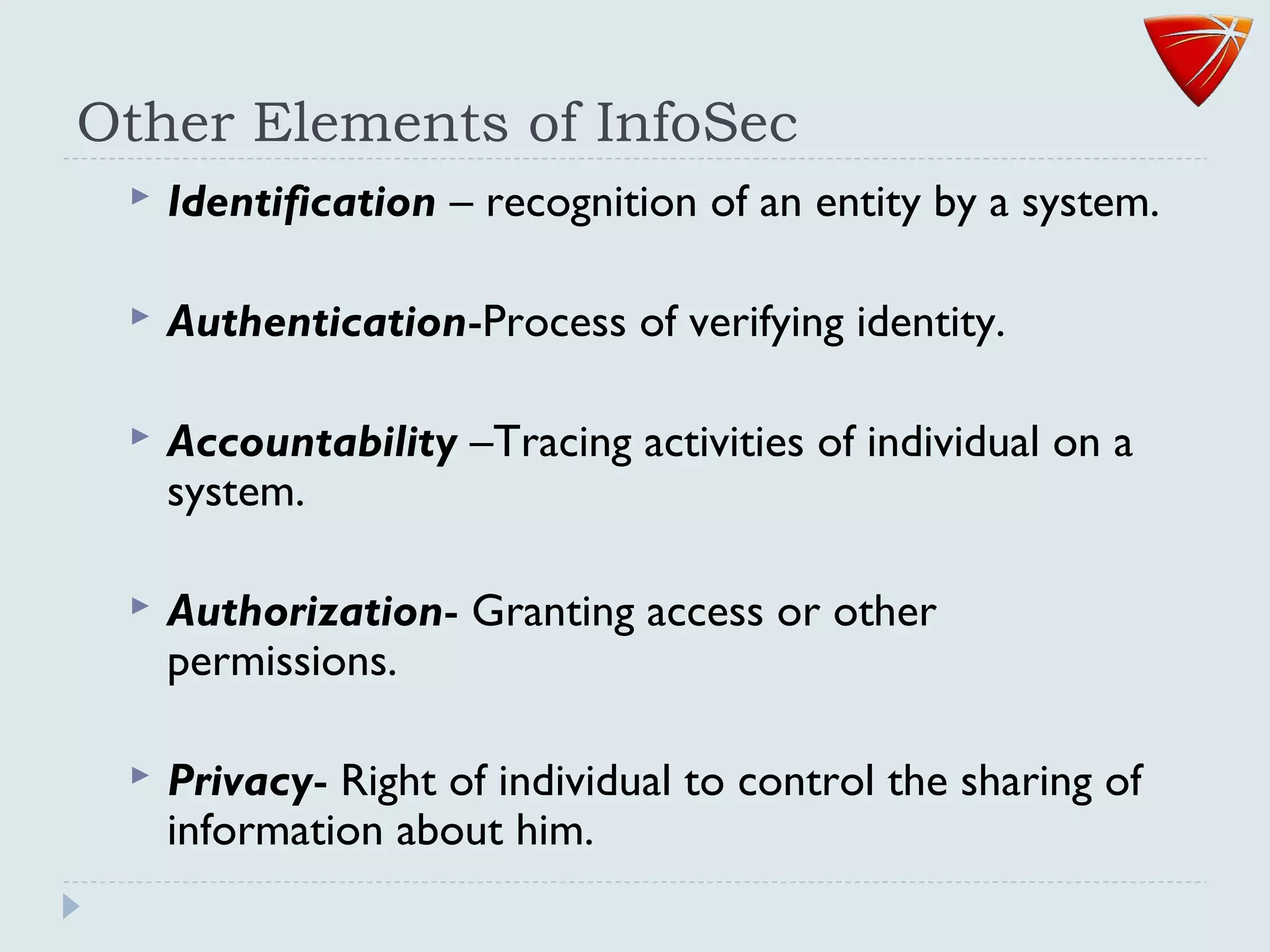 Other Elements of InfoSec
 Identification – recognition of an entity by a system.
 Authentication-Process of verifying identity.
 Accountability –Tracing activities of individual on a
system.
 Authorization- Granting access or other
permissions.
 Privacy- Right of individual to control the sharing of
information about him.
 