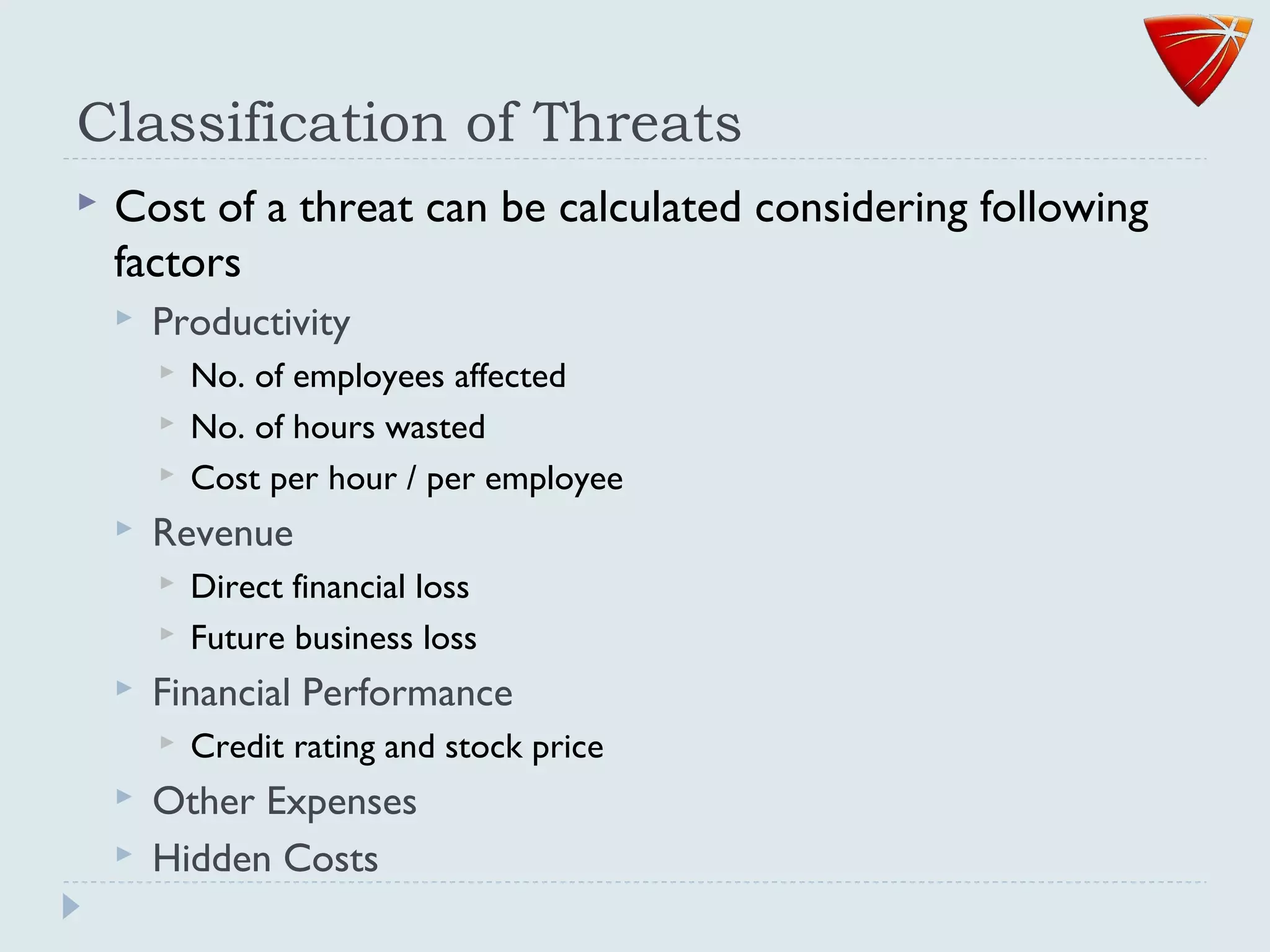Classification of Threats
 Cost of a threat can be calculated considering following
factors
 Productivity
 No. of employees affected
 No. of hours wasted
 Cost per hour / per employee
 Revenue
 Direct financial loss
 Future business loss
 Financial Performance
 Credit rating and stock price
 Other Expenses
 Hidden Costs
 