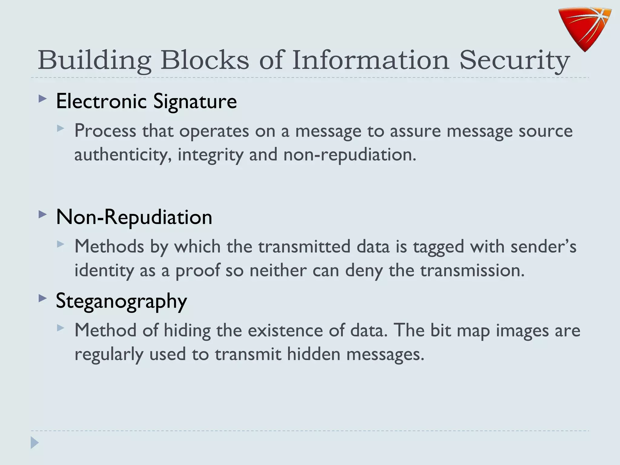 Building Blocks of Information Security
 Electronic Signature
 Process that operates on a message to assure message source
authenticity, integrity and non-repudiation.
 Non-Repudiation
 Methods by which the transmitted data is tagged with sender’s
identity as a proof so neither can deny the transmission.
 Steganography
 Method of hiding the existence of data. The bit map images are
regularly used to transmit hidden messages.
 