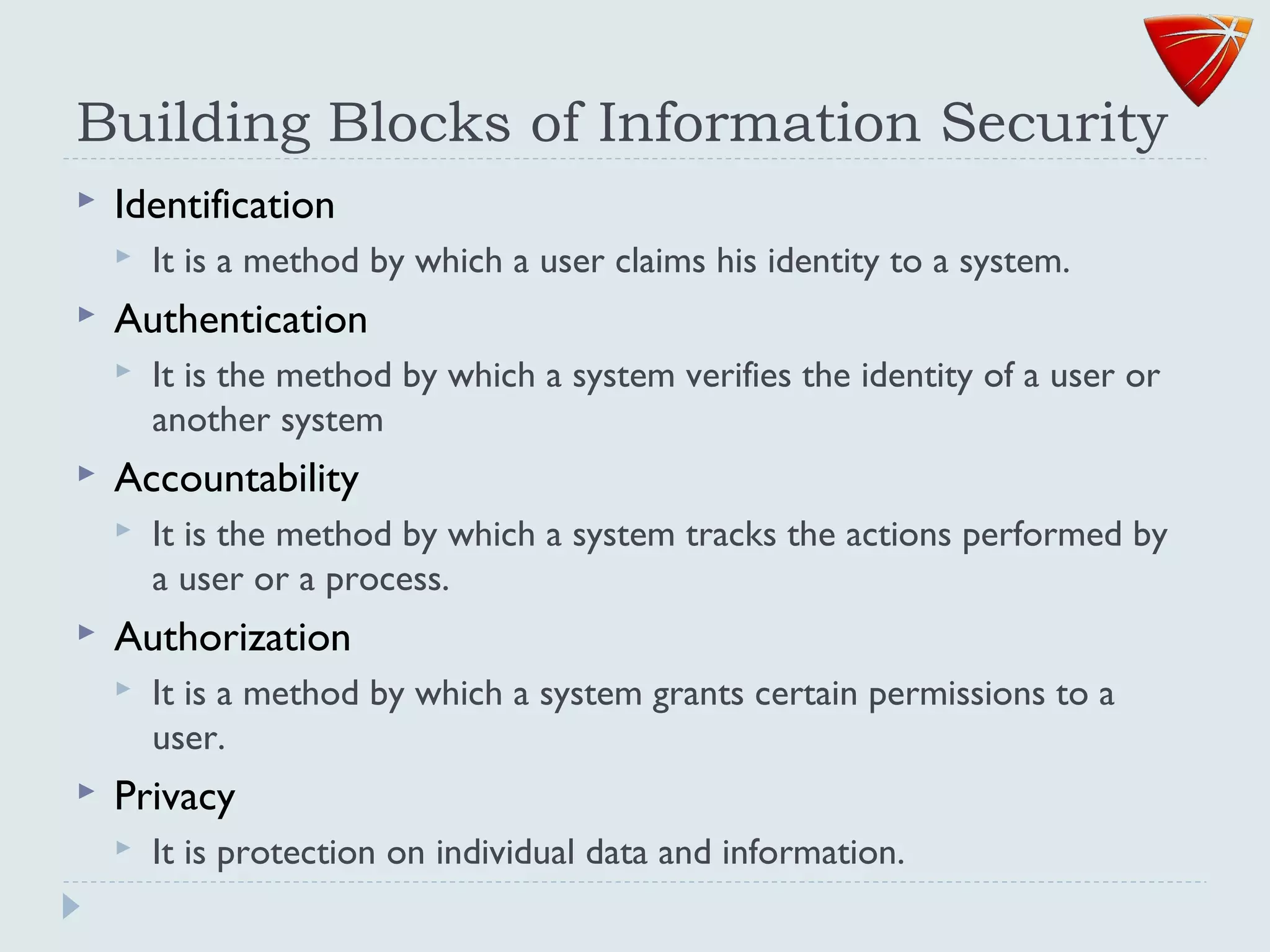 Building Blocks of Information Security
 Identification
 It is a method by which a user claims his identity to a system.
 Authentication
 It is the method by which a system verifies the identity of a user or
another system
 Accountability
 It is the method by which a system tracks the actions performed by
a user or a process.
 Authorization
 It is a method by which a system grants certain permissions to a
user.
 Privacy
 It is protection on individual data and information.
 