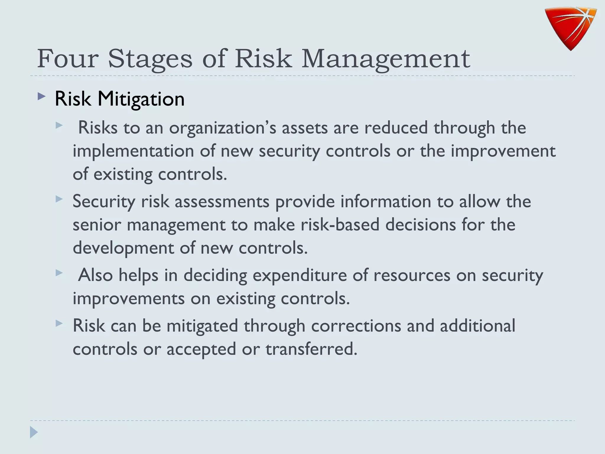 Four Stages of Risk Management
 Risk Mitigation
 Risks to an organization’s assets are reduced through the
implementation of new security controls or the improvement
of existing controls.
 Security risk assessments provide information to allow the
senior management to make risk-based decisions for the
development of new controls.
 Also helps in deciding expenditure of resources on security
improvements on existing controls.
 Risk can be mitigated through corrections and additional
controls or accepted or transferred.
 