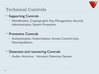Technical Controls
 Supporting Controls
 Identification, Cryptographic Key Management, Security
Administration, System Protection
 Preventive Controls
 Authentication, Authorization, Access Control Lists,
Nonrepudiation,
 Detection and recovering Controls
 Audits, Antivirus, Intrusion Detection System
 