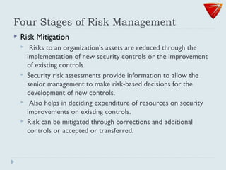 Four Stages of Risk Management
 Risk Mitigation
 Risks to an organization’s assets are reduced through the
implementation of new security controls or the improvement
of existing controls.
 Security risk assessments provide information to allow the
senior management to make risk-based decisions for the
development of new controls.
 Also helps in deciding expenditure of resources on security
improvements on existing controls.
 Risk can be mitigated through corrections and additional
controls or accepted or transferred.
 