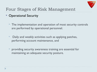 Four Stages of Risk Management
 Operational Security
 The implementation and operation of most security controls
are performed by operational personnel.
 Daily and weekly activities such as applying patches,
performing account maintenance, and
 providing security awareness training are essential for
maintaining an adequate security posture.
 