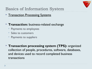 Basics of Information System
 Transaction Processing Systems
 Transaction: business-related exchange
 Payments to employees
 Sales to customers
 Payments to suppliers
 Transaction processing system (TPS): organized
collection of people, procedures, software, databases,
and devices used to record completed business
transactions
 