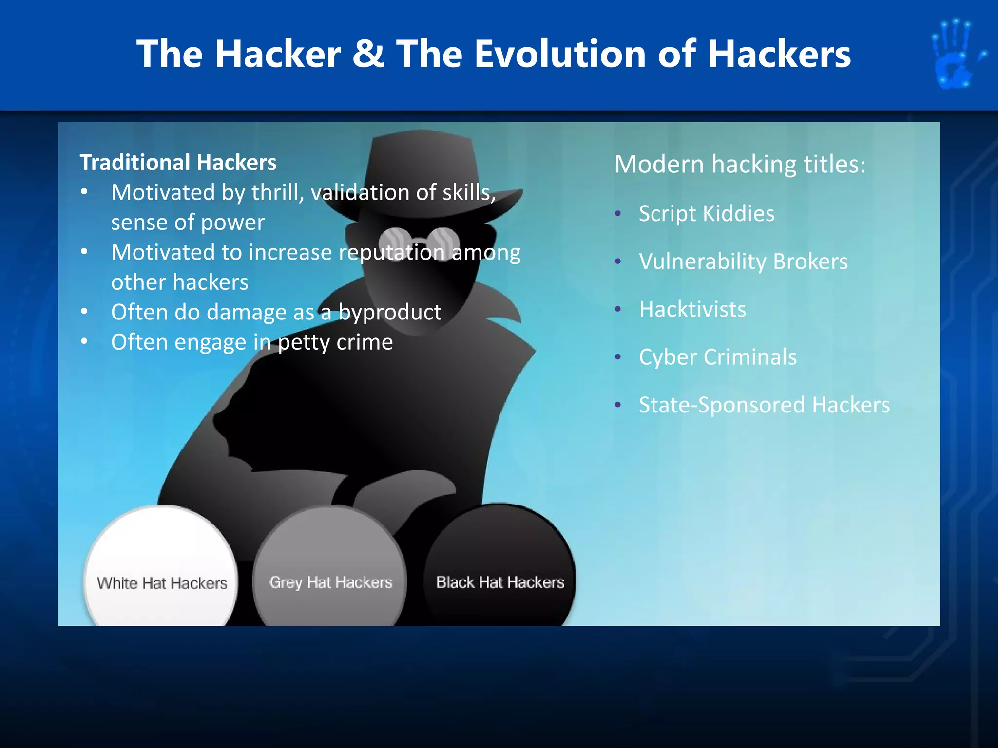 The Hacker & The Evolution of Hackers
Modern hacking titles:
• Script Kiddies
• Vulnerability Brokers
• Hacktivists
• Cyber Criminals
• State-Sponsored Hackers
Traditional Hackers
• Motivated by thrill, validation of skills,
sense of power
• Motivated to increase reputation among
other hackers
• Often do damage as a byproduct
• Often engage in petty crime
 