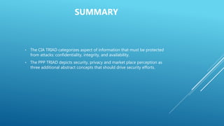 SUMMARY
• The CIA TRIAD categorizes aspect of information that must be protected
from attacks: confidentiality, integrity, and availability.
• The PPP TRIAD depicts security, privacy and market place perception as
three additional abstract concepts that should drive security efforts.
 