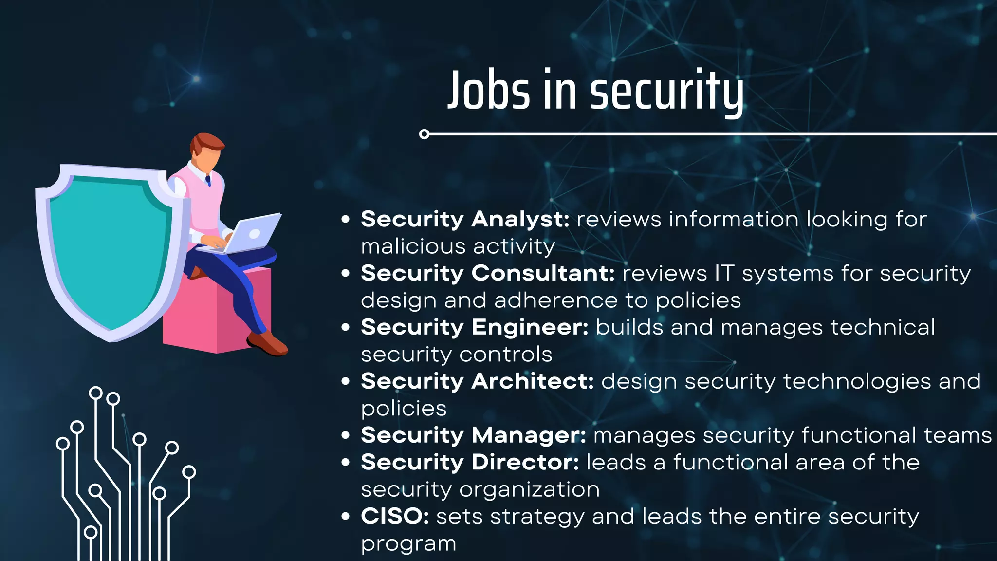 Jobs in security
Security Analyst: reviews information looking for
malicious activity
Security Consultant: reviews IT systems for security
design and adherence to policies
Security Engineer: builds and manages technical
security controls
Security Architect: design security technologies and
policies
Security Manager: manages security functional teams
Security Director: leads a functional area of the
security organization
CISO: sets strategy and leads the entire security
program
 