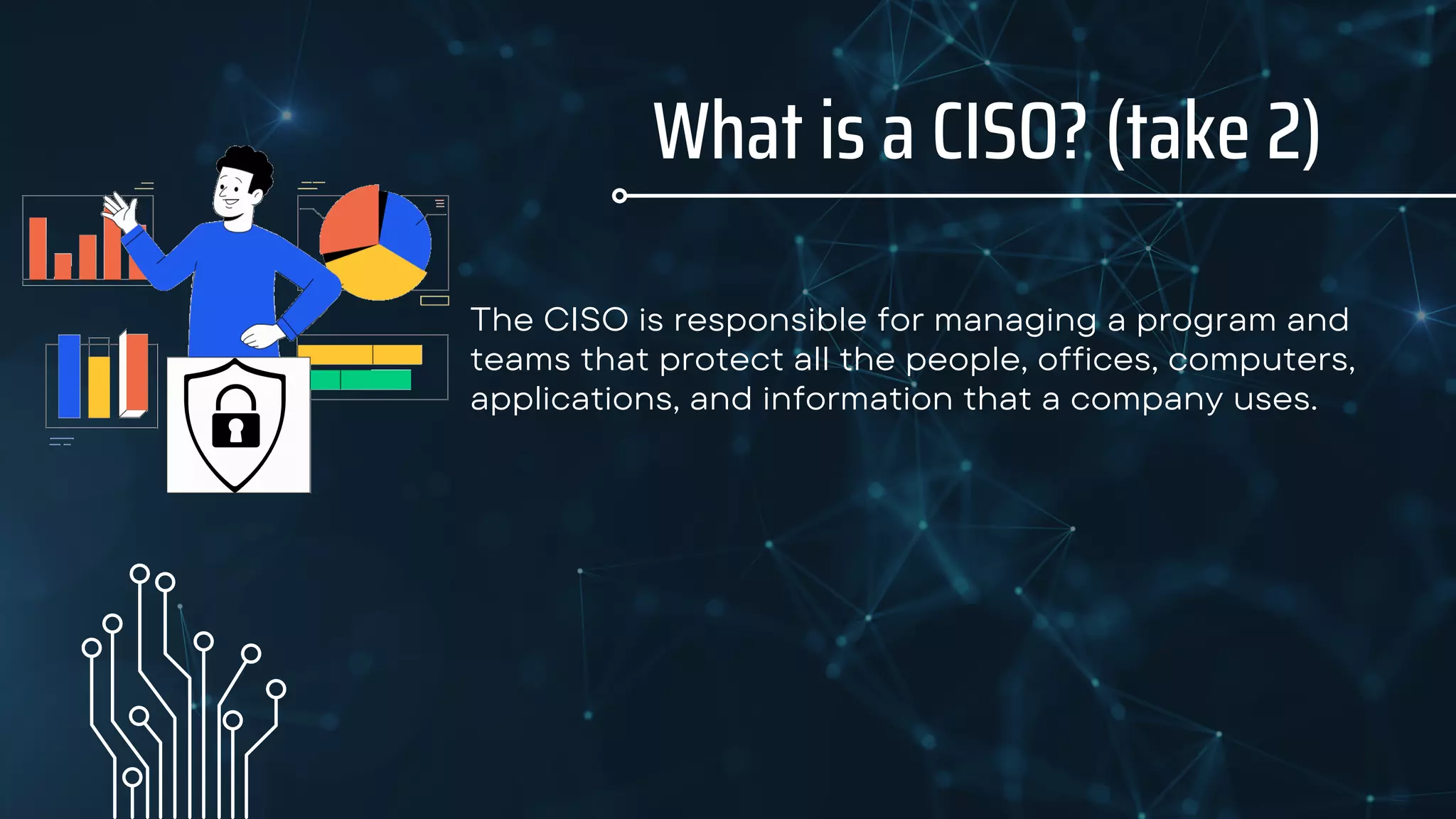 What is a CISO? (take 2)
The CISO is responsible for managing a program and
teams that protect all the people, offices, computers,
applications, and information that a company uses.
 