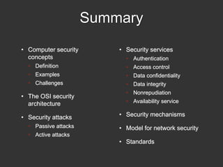 Summary
• Computer security
concepts
• Definition
• Examples
• Challenges
• The OSI security
architecture
• Security attac...