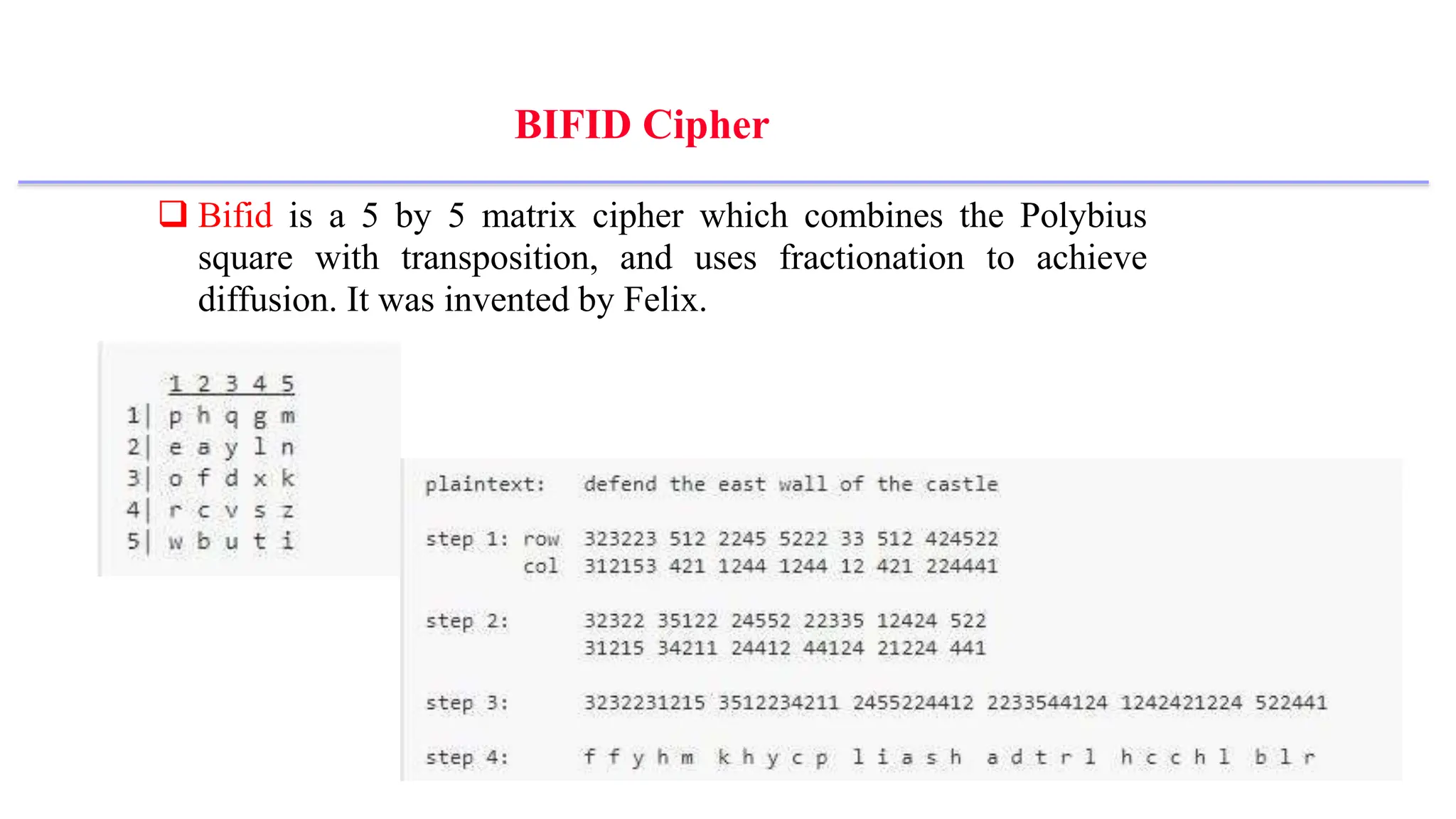 BIFID Cipher
 Bifid is a 5 by 5 matrix cipher which combines the Polybius
square with transposition, and uses fractionation to achieve
diffusion. It was invented by Felix.
 