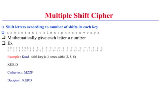 Multiple Shift Cipher
 Shift letters according to number of shifts in each key
 a b c d e f g h i j k l m n o p q r s t u v w x y z
 Mathematically give each letter a number
 Ex
a b c d e f g h i j k l m n o p q r s t u v w x y z
0 1 2 3 4 5 6 7 8 9 10 11 12 13 14 15 16 17 18 19 20 21 22 23 24 25
Example : Kurd shift key is 3 times with ( 2, 5, 8)
KUR D
Ciphertext : MZZF
Decipher : KURD
 