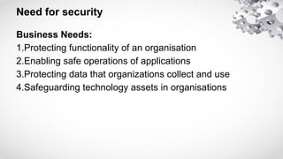Need for security
Business Needs:
1.Protecting functionality of an organisation
2.Enabling safe operations of applications
3.Protecting data that organizations collect and use
4.Safeguarding technology assets in organisations
 
