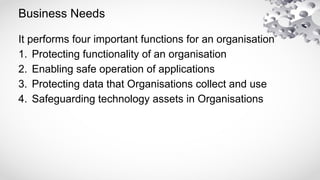 Business Needs
It performs four important functions for an organisation
1. Protecting functionality of an organisation
2. Enabling safe operation of applications
3. Protecting data that Organisations collect and use
4. Safeguarding technology assets in Organisations
 