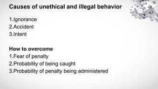Causes of unethical and illegal behavior
1.Ignorance
2.Accident
3.Intent
How to overcome
1.Fear of penalty
2.Probability of being caught
3.Probability of penalty being administered
 