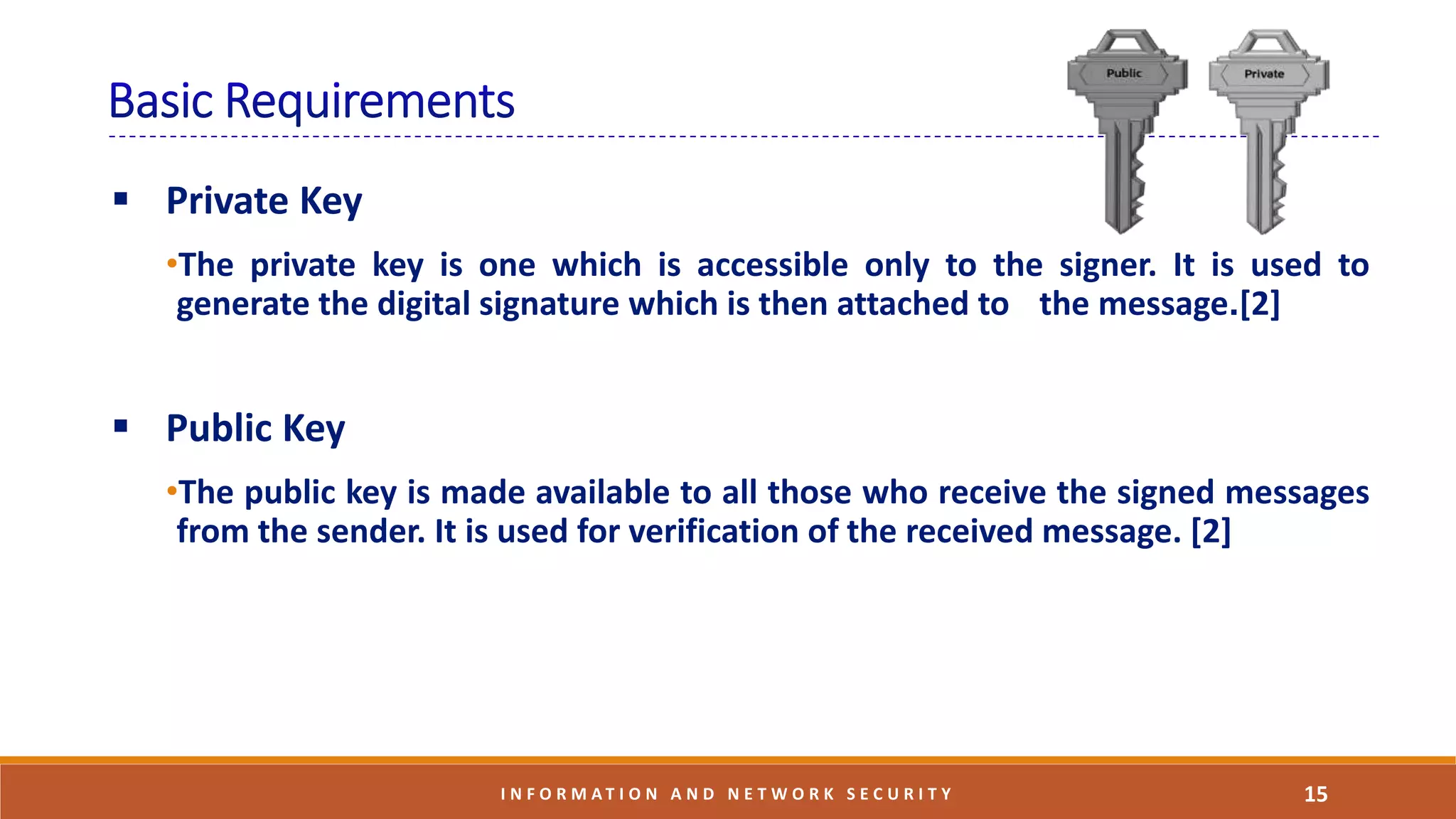  Private Key
•The private key is one which is accessible only to the signer. It is used to
generate the digital signature which is then attached to the message.[2]
 Public Key
•The public key is made available to all those who receive the signed messages
from the sender. It is used for verification of the received message. [2]
15I N F O R M A T I O N A N D N E T W O R K S E C U R I T Y
 
