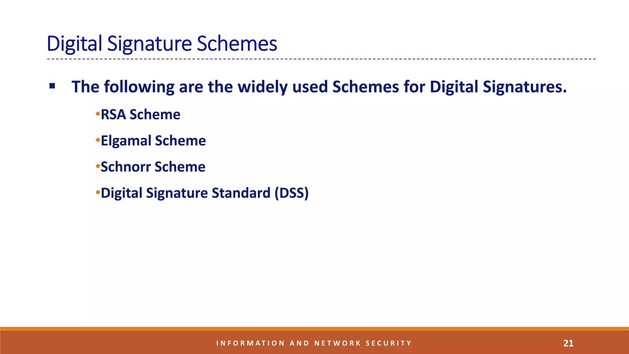 21I N F O R M A T I O N A N D N E T W O R K S E C U R I T Y
 The following are the widely used Schemes for Digital Signatures.
•RSA Scheme
•Elgamal Scheme
•Schnorr Scheme
•Digital Signature Standard (DSS)
 