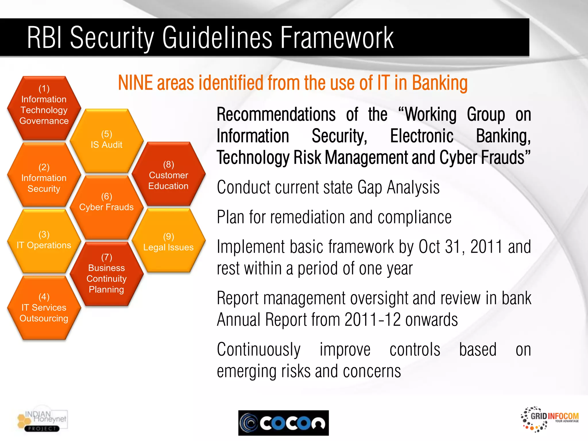 RBI Security Guidelines Framework
     (1)                NINE areas identified from the use of IT in Banking
Information
Technology
Governance                                    Recommendations of the “Working Group on
                     (5)
                  IS Audit
                                              Information Security, Electronic Banking,
      (2)                          (8)        Technology Risk Management and Cyber Frauds”
 Information                    Customer
   Security
                    (6)
                                Education     Conduct current state Gap Analysis
                Cyber Frauds
                                              Plan for remediation and compliance
     (3)                           (9)
IT Operations
                    (7)
                               Legal Issues   Implement basic framework by Oct 31, 2011 and
                 Business
                 Continuity
                                              rest within a period of one year
                 Planning
    (4)
IT Services
                                              Report management oversight and review in bank
Outsourcing                                   Annual Report from 2011-12 onwards
                                              Continuously improve controls         based   on
                                              emerging risks and concerns
 