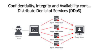 Confidentiality, Integrity and Availability cont…
Distribute Denial of Services (DDoS)
 