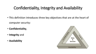 Confidentiality, Integrity and Availability
• This definition introduces three key objectives that are at the heart of
computer security:
• Confidentiality,
• Integrity and
• Availability
 