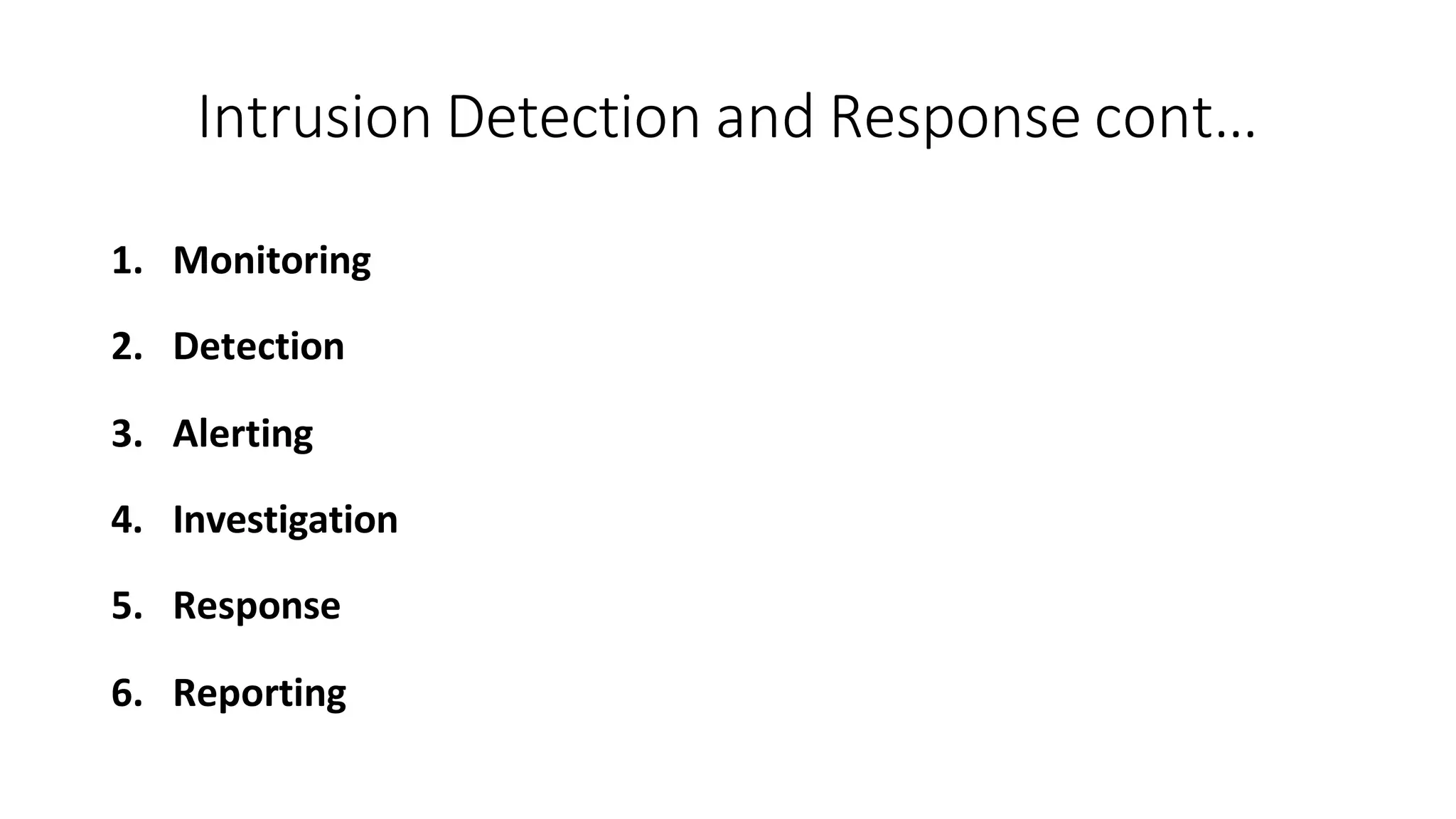 Intrusion Detection and Response cont…
ArfanShahzad.com
1. Monitoring
2. Detection
3. Alerting
4. Investigation
5. Response
6. Reporting
 
