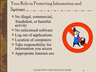 No illegal, commercial,  fraudulent, or harmful activity No unlicensed software Log out of applications Location of computers Take responsibility for information you access Appropriate Internet use Your Role in Protecting Information and Systems 