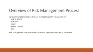 Overview of Risk Management Process
Various international approaches and methodologies for risk assessment
◦ NIST SP 800-50
◦ ISO 27005
◦ COBIT
◦ Octave – Allegro
◦ FAIR
Risk Management = Asset/Process Valuation + Risk Assessment + Risk Treatment
 