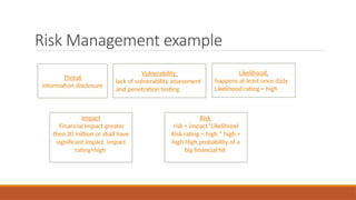 Risk Management example
Threat
information disclosure
Vulnerability
lack of vulnerability assessment
and penetration testing
Likelihood
happens at least once daily
Likelihood rating = high
Impact
Financial impact greater
then 20 million or shall have
significant impact. Impact
rating=high
Risk
risk = impact*Likelihood
Risk rating = high * high =
high High probability of a
big financial hit
 