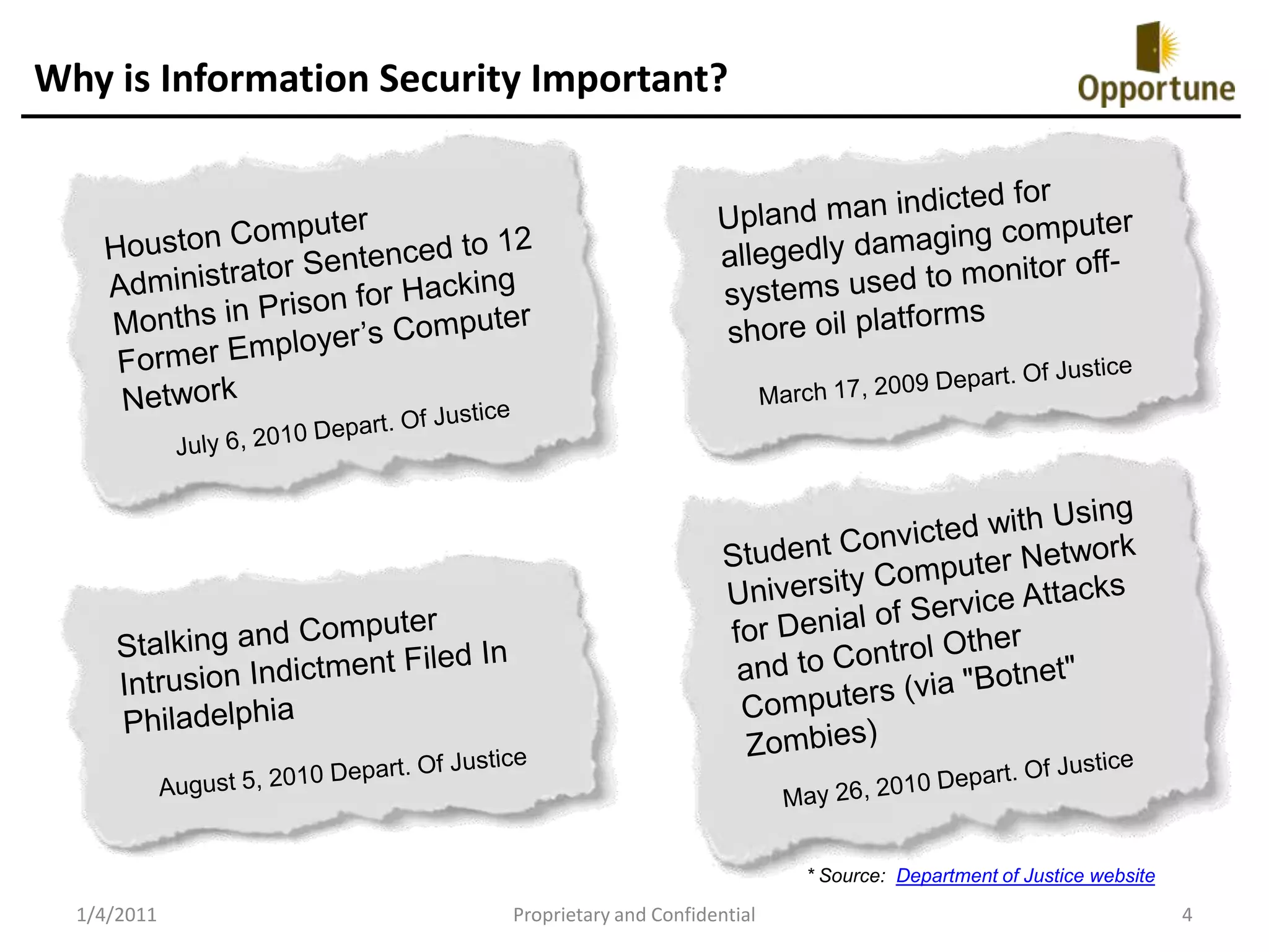 Why is Information Security Important?Upland man indicted for allegedly damaging computersystems used to monitor off-shore oil platformsHouston Computer Administrator Sentenced to 12 Months in Prison for Hacking Former Employer’s Computer NetworkStudent Convicted with Using University Computer Network for Denial of Service Attacks and to Control Other Computers (via "Botnet" Zombies) March 17, 2009 Depart. Of JusticeJuly 6, 2010 Depart. Of JusticeMay 26, 2010 Depart. Of JusticeStalking and Computer Intrusion Indictment Filed In PhiladelphiaAugust 5, 2010 Depart. Of Justice* Source:  Department of Justice website1/4/2011Proprietary and Confidential4