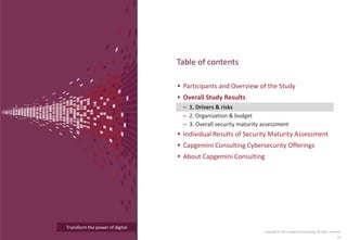 Transform the power of digital
Participants and Overview of the Study
Overall Study Results
– 1. Drivers & risks
– 2. Organization & budget
– 3. Overall security maturity assessment
Individual Results of Security Maturity Assessment
Capgemini Consulting Cybersecurity Offerings
About Capgemini Consulting
Table of contents
Copyright © 2015 Capgemini Consulting. All rights reserved.
10
 