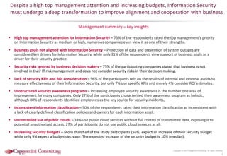 Despite a high top management attention and increasing budgets, Information Security
must undergo a deep transformation to improve alignment and cooperation with business
Management summary – key insights
Copyright © 2015 Capgemini Consulting. All rights reserved.
3
 High top management attention for Information Security – 75% of the respondents rated the top management’s priority
on Information Security as medium or high, numerous companies even view it as one of their strengths.
 Business goals not aligned with Information Security – Protection of data and prevention of system outages are
considered key drivers for Information Security, while only 31% of the respondents view support of business goals as a
driver for their security practice.
 Security risks ignored by business decision makers – 75% of the participating companies stated that business is not
involved in their IT risk management and does not consider security risks in their decision making.
 Lack of security KPIs and ROI consideration – 96% of the participants rely on the results of internal and external audits to
measure effectiveness of their Information Security, but only 7% use specific KPIs and merely 4% consider ROI estimates.
 Unstructured security awareness programs – Increasing employee security awareness is the number one area of
improvement for many companies. Only 27% of the participants characterized their awareness program as holistic,
although 80% of respondents identified employees as the key source for security incidents,
 Inconsistent information classification – 50% of the respondents rated their information classification as inconsistent with
a lack of clearly defined classification policies and owners for each information asset.
 Uncontrolled use of public clouds – 33% use public cloud services without full control of transmitted data, exposing it to
potential unauthorized access. 27% of participants do not use public cloud services at all.
 Increasing security budgets – More than half of the study participants (56%) expect an increase of their security budget
while only 9% expect a budget decrease. The expected increase of the security budget is 10% (median).
 
