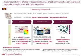 Cybersecurity Awareness 2.0
Awareness initiatives offered by Capgemini leverage broad communication campaigns and
targeted training for roles with high risk profiles
Copyright © 2015 Capgemini Consulting. All rights reserved.
39
CONTENT ADAPTION PLANNINGQUICK SCAN
Phase
REVIEW RISKS, EXISTING
AWARENESS INITIATIVES AND
ANALYZE STAKEHOLDER AND
TARGET GROUPS
PRAGMATIC ADOPTION AND
CREATION OF AWARENESS
CONTENT, OUTLINE OF KPIs
AND MULTIPLIERS
DEFINE
TRANSFORMATION
ROADMAP FOR
PRIORITIZED MEASURES
Objectives
Store
Front
Timesheet
Workforce
Management
Mobile CRM
Mobile
Worker
Approvals
Interactive
Dashboards
Mobile Executive
Reports
Employee
Tracking
Self-Service
Operations
Support
Mobile
Sales
Training
Documentation
Collaboration
Tools
Mobile
Service
Customer
Factsheets
Customer
Interaction
Tracker
Pushed
Information
Automated
Services
Product
Information
Assistance
Services
Short
Term
Mid
Term
Long
Term
Strategic
Goal
Leadership team*
• Global
• Europe
Joint project team
• Other projects
within Company
Employees Europe
• UnitA
• Unit B
• Unit C
B
C
Retailers
Other distributors H
Consumers
I
K
Europe Leadership team
(first line leaders)
• UnitA
• Unit B
• Unit C
Manufactures
External Stakeholders Internal Stakeholders =
target audience
G
Corporate Functions
• Communications
• HR
D
Rest of Europe
Organisation
• Employees other units
A
E
F
Workers
council
Change
Program
J
The “Dark hotel” attack is targeting high-profile business travelers
48
Please remember:
Hackers use fake update notifications to get you to install malware on your computer.
“Dark hotel” attack – Step by step
2
You connect to the already
infected hotel Wi-Fi with your laptop
or Smartphone
You receive a fake software
update notification on your device
An update is
ready to install!
You install the faked update which is a
spy software that gives hackers
access to the PC
Hackers steal data, record
keystrokes and infiltrate
the o network
4
Tips for using foreign Wi-Fis
1. Always use the Company VPN
connection for any transmission of
confidential data
2. Do not download or apply any updates in
foreign Wi-Fis
3. Turn off the wireless functions (Wi-Fi,
Bluetooth, GPS and NFC) of your mobile
devices when you don’t need them
4. Always check if websites use the HTTPS
standard in the address bar
5. Always keep your antivirus software up-to-
date (update at Company or at home)
6. If you are unsure, use the roaming
package of your phone or your UMTS laptop
adapter instead
3
1
Possible threats
while on tour
Secure usage of
wireless services
Remote access
capabilities Copyright © 2015 Capgemini Consulting. All rights reserved.
Why Capgemini Consulting?
 Structured, proven approach to optimize ongoing campaigns
 Flexible and easy-to-adopt solutions
 Extensive knowledge in change and communication mgmt
 Measurable impact based on implemented KPIs
PROACTIVELY TACKLE SECURITY THREATS BY INTRODUCING POSITIVE SECURITY
BEHAVIORS THROUGH A HOLISTIC CYBERSECURITY AWARENESS CAMPAIGN
4
 