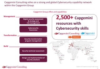 Capgemini Consulting relies on a strong and global Cybersecurity capability network
within the Capgemini Group
Capgemini Group offers and capabilities
Copyright © 2015 Capgemini Consulting. All rights reserved.
47
2,500+ Capgemini
resources with
Cybersecurity skills
Canada
United States
Mexico
Brazil
Argentina
All over Europe
Morocco
Australia
People’s Republic
of China
India
Chile
Guatemala
Singapore
Philippines
Taiwan
Vietnam
United
Arab Emirates
Malaysia
New Zealand
Japan
South Africa
Colombia
Cybersecurity
Awareness
Security transformation
program management
Design and implementation of
security solutions
Digital security assessment
& strategy and
risk management
Management
Security technical assessment
Transformation
Build
 