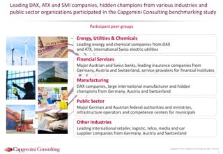 Leading DAX, ATX and SMI companies, hidden champions from various industries and
public sector organizations participated in the Capgemini Consulting benchmarking study
Participant peer groups
Copyright © 2015 Capgemini Consulting. All rights reserved.
7
Financial Services
Major Austrian and Swiss banks, leading insurance companies from
Germany, Austria and Switzerland, service providers for financial institutes
Manufacturing
DAX companies, large international manufacturer and hidden
champions from Germany, Austria and Switzerland
Public Sector
Major German and Austrian federal authorities and ministries,
infrastructure operators and competence centers for municipals
Energy, Utilities & Chemicals
Leading energy and chemical companies from DAX
and ATX, international Swiss electric utilities
Other Industries
Leading international retailer, logistic, telco, media and car
supplier companies from Germany, Austria and Switzerland
 