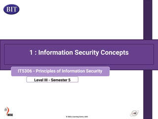 Level III - Semester 5
© 2022 e-Learning Centre, UCSC
1 : Information Security Concepts
IT5306 - Principles of Information Security
 
