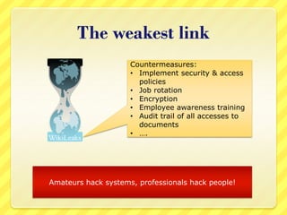 The weakest link
                     Countermeasures:
                     • Implement security & access
                       policies
                     • Job rotation
                     • Encryption
                     • Employee awareness training
                     • Audit trail of all accesses to
                       documents
                     • ….




Amateurs hack systems, professionals hack people!
 