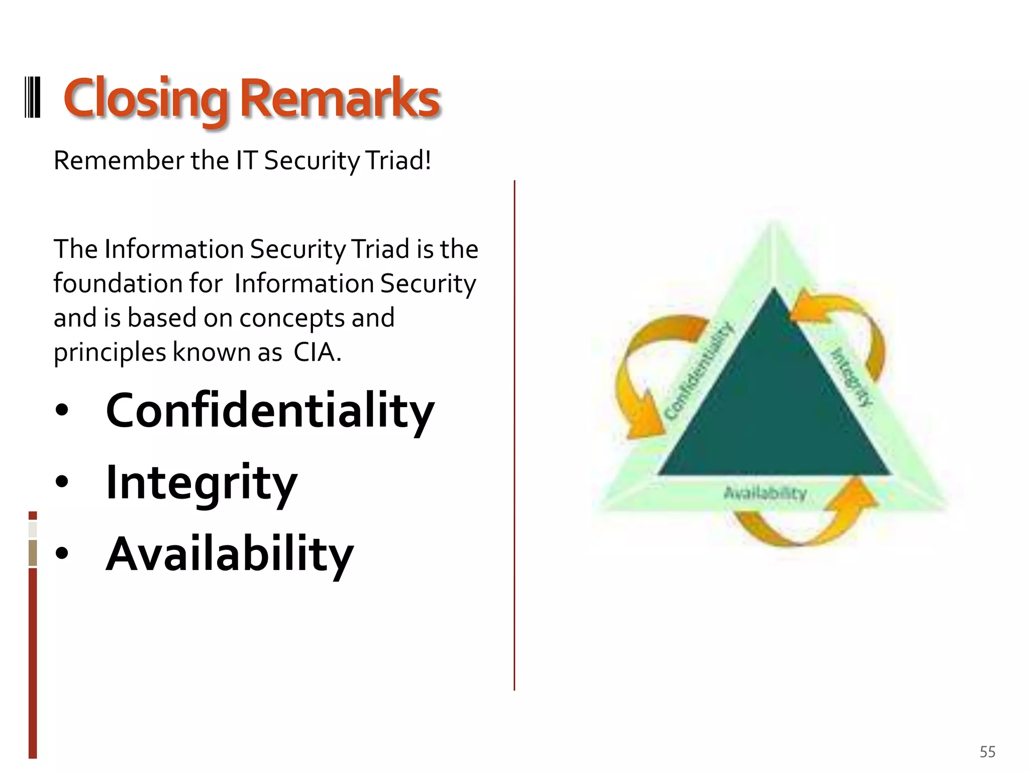 The Components of Information SecurityThe Information Security Triad is the foundation for  Information Security and is based on concepts and principles known as  CIA.People