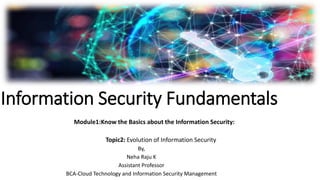 Information Security Fundamentals
Module1:Know the Basics about the Information Security:
Topic2: Evolution of Information Security
By,
Neha Raju K
Assistant Professor
BCA-Cloud Technology and Information Security Management
 