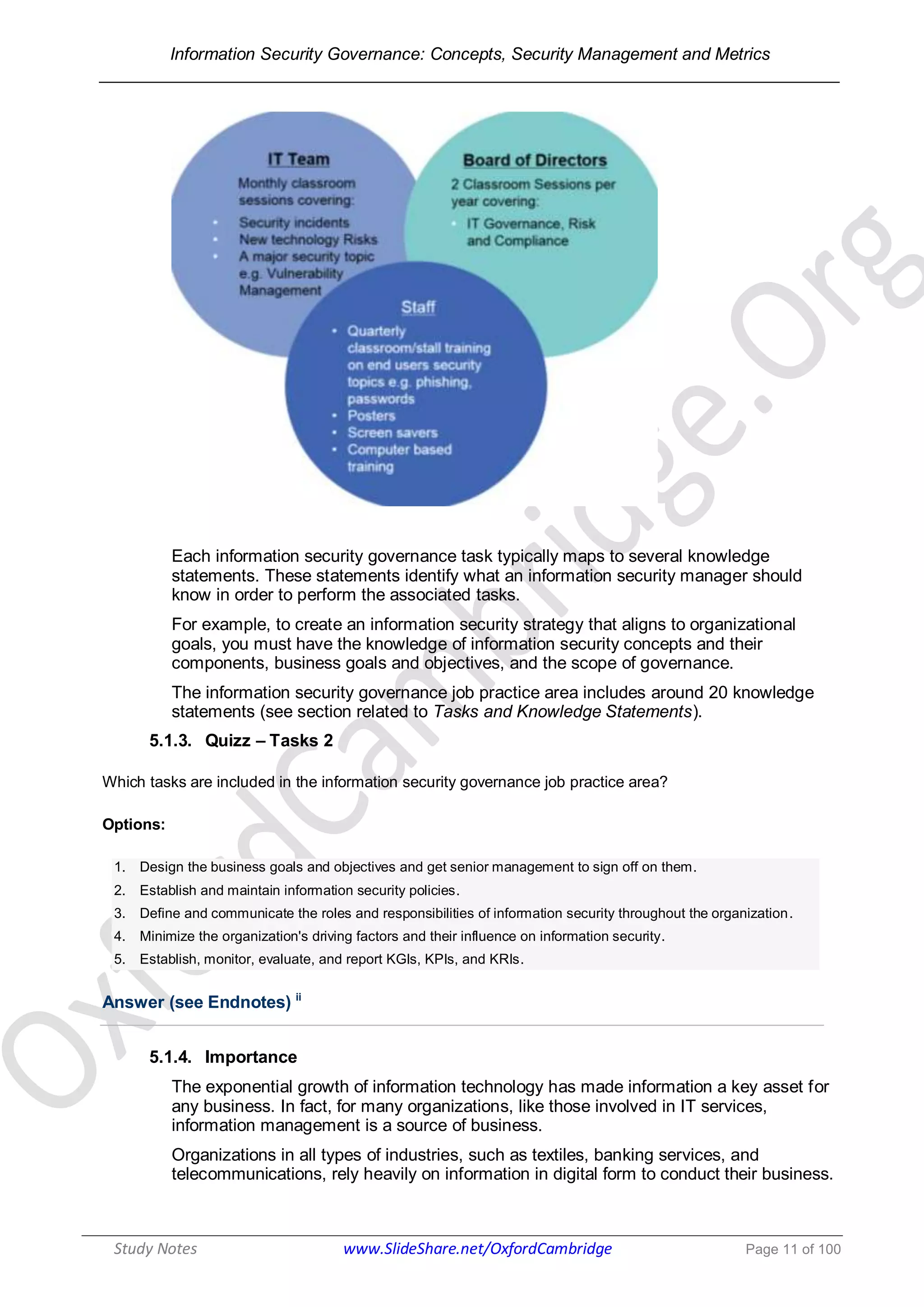 Information Security Governance: Concepts, Security Management and Metrics
______________________________________________________________________________
Study Notes www.SlideShare.net/OxfordCambridge Page 11 of 100
Each information security governance task typically maps to several knowledge
statements. These statements identify what an information security manager should
know in order to perform the associated tasks.
For example, to create an information security strategy that aligns to organizational
goals, you must have the knowledge of information security concepts and their
components, business goals and objectives, and the scope of governance.
The information security governance job practice area includes around 20 knowledge
statements (see section related to Tasks and Knowledge Statements).
5.1.3. Quizz – Tasks 2
Which tasks are included in the information security governance job practice area?
Options:
1. Design the business goals and objectives and get senior management to sign off on them.
2. Establish and maintain information security policies.
3. Define and communicate the roles and responsibilities of information security throughout the organization.
4. Minimize the organization's driving factors and their influence on information security.
5. Establish, monitor, evaluate, and report KGIs, KPIs, and KRIs.
Answer (see Endnotes) ii
5.1.4. Importance
The exponential growth of information technology has made information a key asset for
any business. In fact, for many organizations, like those involved in IT services,
information management is a source of business.
Organizations in all types of industries, such as textiles, banking services, and
telecommunications, rely heavily on information in digital form to conduct their business.
 