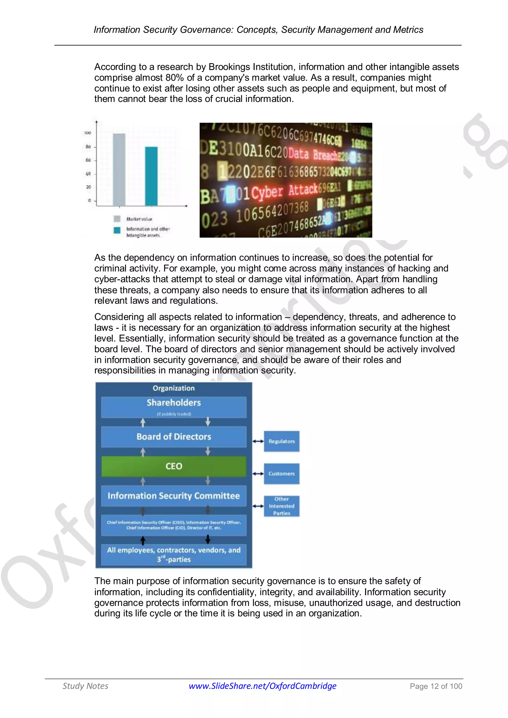 Information Security Governance: Concepts, Security Management and Metrics
______________________________________________________________________________
Study Notes www.SlideShare.net/OxfordCambridge Page 12 of 100
According to a research by Brookings Institution, information and other intangible assets
comprise almost 80% of a company's market value. As a result, companies might
continue to exist after losing other assets such as people and equipment, but most of
them cannot bear the loss of crucial information.
As the dependency on information continues to increase, so does the potential for
criminal activity. For example, you might come across many instances of hacking and
cyber-attacks that attempt to steal or damage vital information. Apart from handling
these threats, a company also needs to ensure that its information adheres to all
relevant laws and regulations.
Considering all aspects related to information – dependency, threats, and adherence to
laws - it is necessary for an organization to address information security at the highest
level. Essentially, information security should be treated as a governance function at the
board level. The board of directors and senior management should be actively involved
in information security governance, and should be aware of their roles and
responsibilities in managing information security.
The main purpose of information security governance is to ensure the safety of
information, including its confidentiality, integrity, and availability. Information security
governance protects information from loss, misuse, unauthorized usage, and destruction
during its life cycle or the time it is being used in an organization.
 