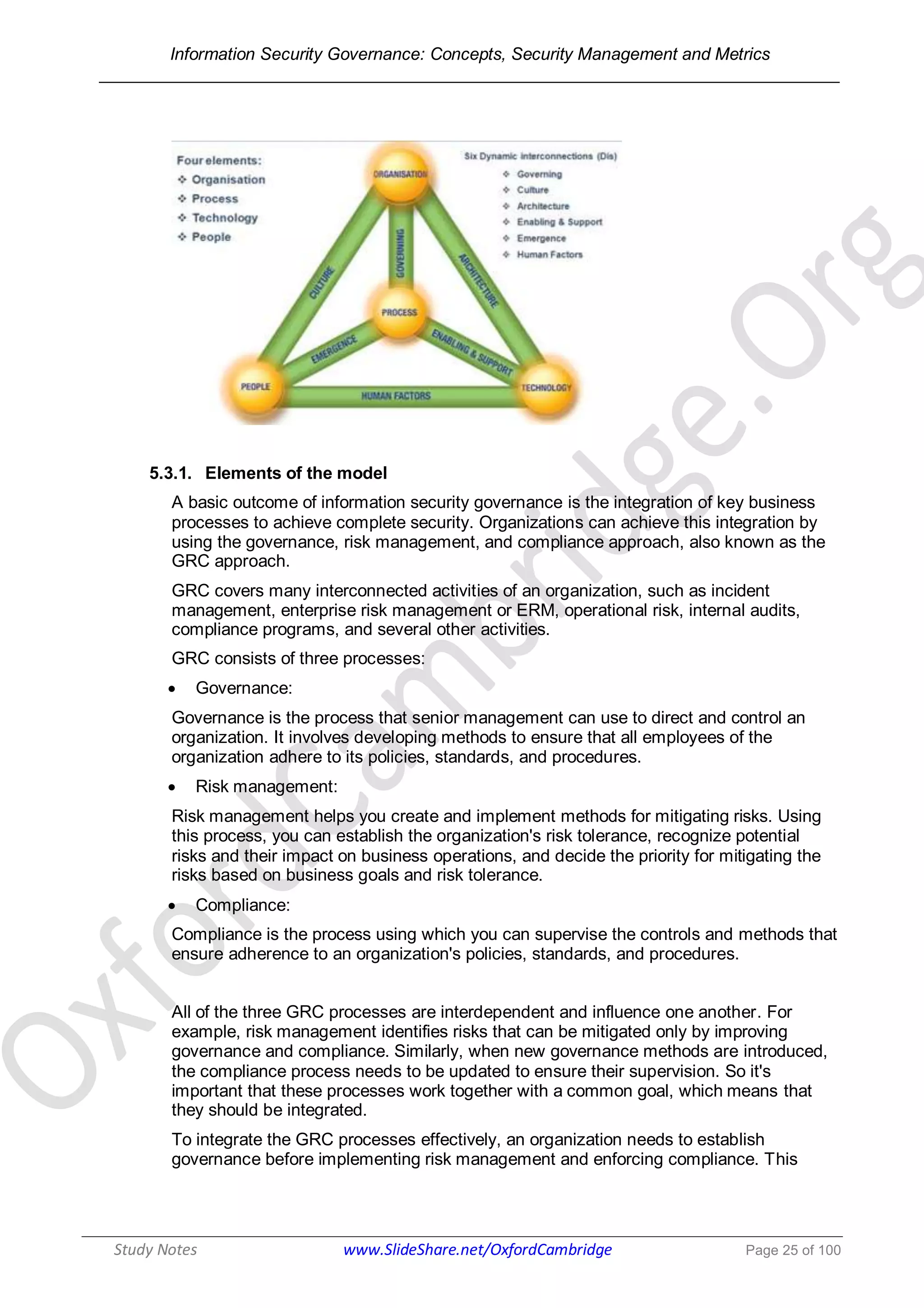 Information Security Governance: Concepts, Security Management and Metrics
______________________________________________________________________________
Study Notes www.SlideShare.net/OxfordCambridge Page 25 of 100
5.3.1. Elements of the model
A basic outcome of information security governance is the integration of key business
processes to achieve complete security. Organizations can achieve this integration by
using the governance, risk management, and compliance approach, also known as the
GRC approach.
GRC covers many interconnected activities of an organization, such as incident
management, enterprise risk management or ERM, operational risk, internal audits,
compliance programs, and several other activities.
GRC consists of three processes:
 Governance:
Governance is the process that senior management can use to direct and control an
organization. It involves developing methods to ensure that all employees of the
organization adhere to its policies, standards, and procedures.
 Risk management:
Risk management helps you create and implement methods for mitigating risks. Using
this process, you can establish the organization's risk tolerance, recognize potential
risks and their impact on business operations, and decide the priority for mitigating the
risks based on business goals and risk tolerance.
 Compliance:
Compliance is the process using which you can supervise the controls and methods that
ensure adherence to an organization's policies, standards, and procedures.
All of the three GRC processes are interdependent and influence one another. For
example, risk management identifies risks that can be mitigated only by improving
governance and compliance. Similarly, when new governance methods are introduced,
the compliance process needs to be updated to ensure their supervision. So it's
important that these processes work together with a common goal, which means that
they should be integrated.
To integrate the GRC processes effectively, an organization needs to establish
governance before implementing risk management and enforcing compliance. This
 