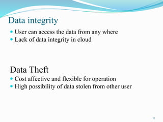 Data integrity
 User can access the data from any where
 Lack of data integrity in cloud
Data Theft
 Cost affective and flexible for operation
 High possibility of data stolen from other user
17
 