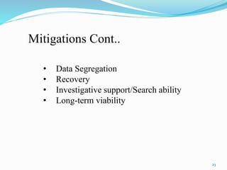 Mitigations Cont..
• Data Segregation
• Recovery
• Investigative support/Search ability
• Long-term viability
23
 