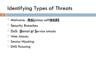 19
Identifying Types of Threats
 Malware: MALicious softWARE
 Security Breaches
 DoS: Denial of Service attacks
 Web Attacks
 Session Hijacking
 DNS Poisoning
 