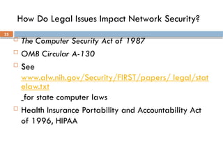 35
How Do Legal Issues Impact Network Security?
 The Computer Security Act of 1987
 OMB Circular A-130
 See
www.alw.nih.gov/Security/FIRST/papers/ legal/stat
elaw.txt
for state computer laws
 Health Insurance Portability and Accountability Act
of 1996, HIPAA
 