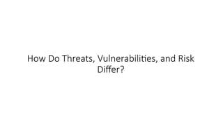 How Do Threats, Vulnerabilities, and Risk
Differ?
 